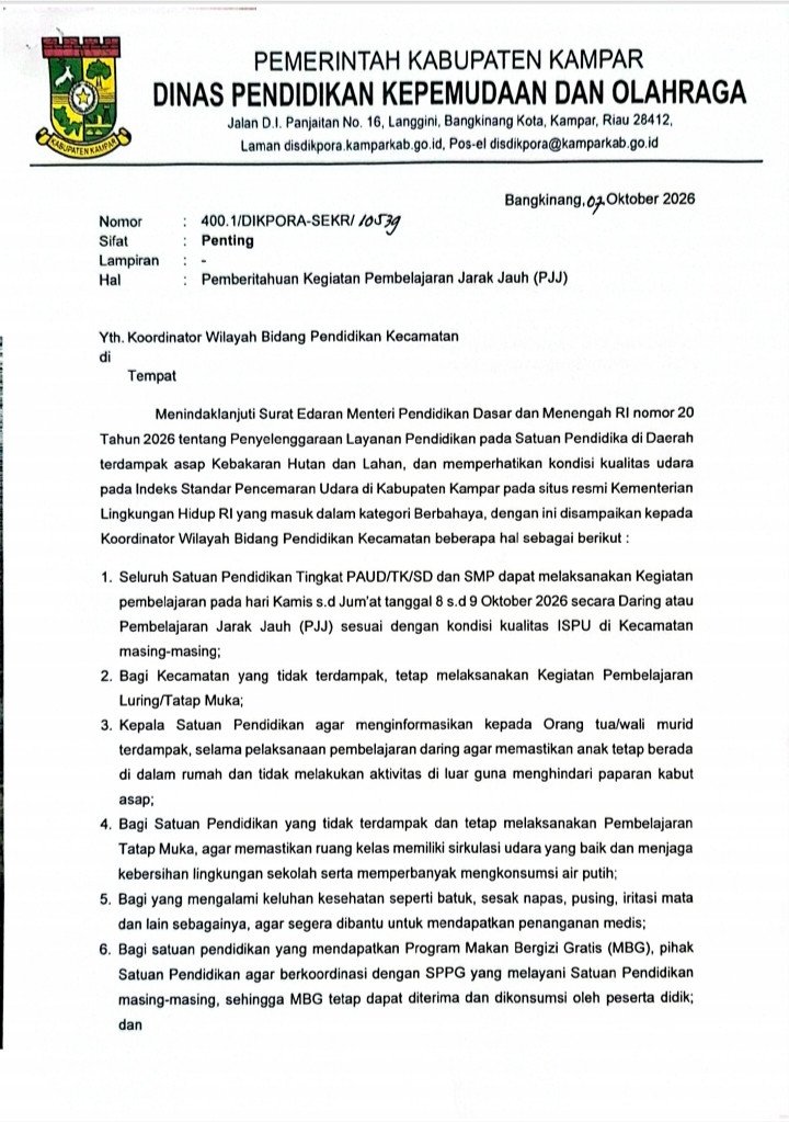 Pembelajaran Jarak Jauh Akibat Kabut Asap Diterapkan Disdikpora Kampar