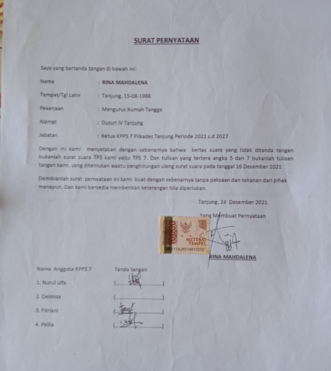 Ini Pengakuan Ketua KPPS TPS 7 Pilkades Tanjung Koto Kampar Hulu