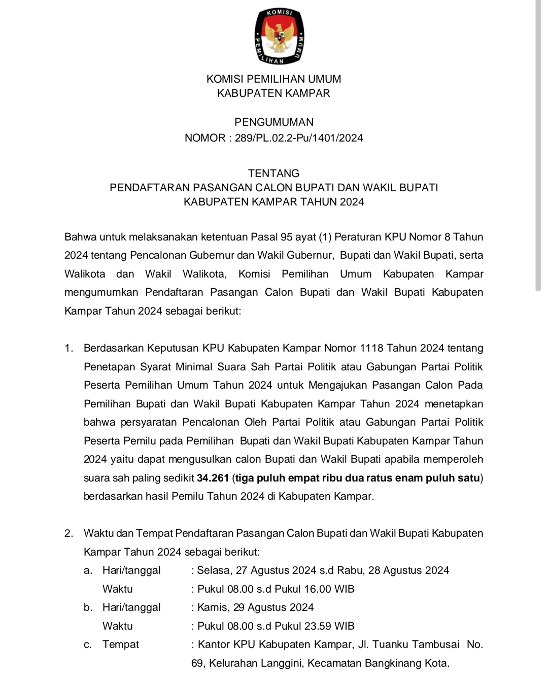 Berikut Pengumuman Dari KPU Kampar Tentang Pendaftaran Pasangan Calon Bupati dan Wakil Bupati