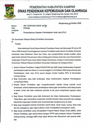 Pembelajaran Jarak Jauh Akibat Kabut Asap Diterapkan Disdikpora Kampar