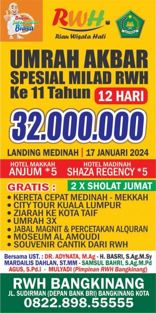 Umroh Akbar Bersama RWH Bangkinang, Fasilitas Hotel Bintang 5 dan Banyak Bonus Tournya